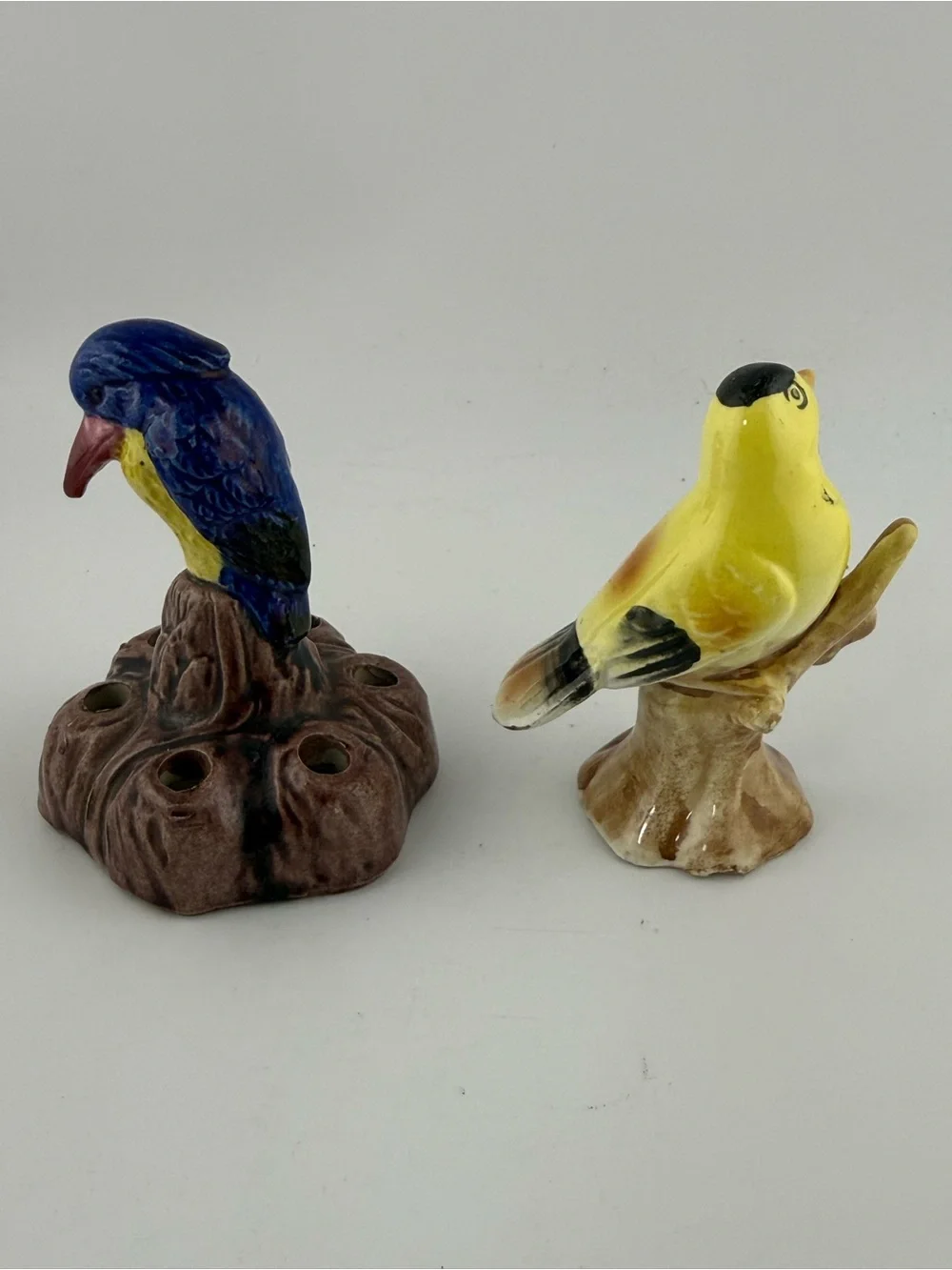 2 Vintage Brush Bluebird Flower Frog & Porcelain Goldfinch Figurine